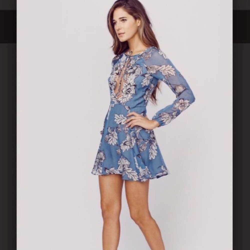 Like New for love&lemons silk floral dress blue - Picture 3 of 7